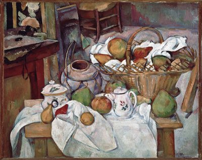 Keukentafel of stilleven met mand door Paul Cézanne