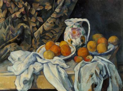 Stilleven met gordijn en bloeiende kan door Paul Cézanne