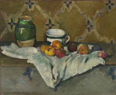Stilleven met pot, kopje en appels, ca. 1877 door Paul Cézanne