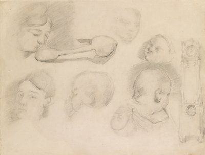 Studies van een kinderhoofd, een vrouwenhoofd, een lepel en een staande klok, c1872 door Paul Cézanne