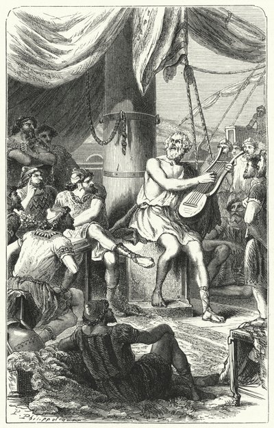 Homerus vermaakt buitenlandse zeelieden met een lied door Paul Dominique Philippoteaux