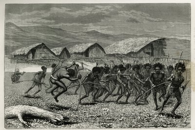 Afdaling van de Papoea Arfaks krijgers in Dorey (Nieuw West-Guinee), gravure door E.Mesples, ter illustratie van de reis naar Nieuw-Guinee door Achille Raffray, belast met een wetenschappelijke missie door het Ministerie van Openbaar Onderwijs, 1876-1877,  door Paul Eugene (after) Mesples