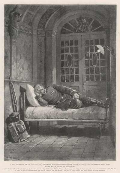 Een erepost bij de wacht van de tsaar, de senior onderofficier van het Preobrajenski-regiment tijdens nachtdienst in het Winterpaleis, Sint-Petersburg door Paul Frenzeny