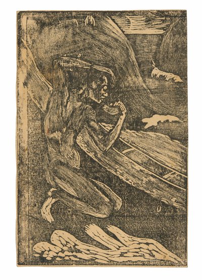 Een visser drinkt naast zijn kano door Paul Gauguin