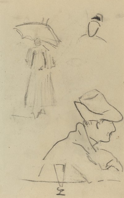 Een persoon met een paraplu en een zittende man met een hoed en een glas [verso] door Paul Gauguin