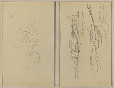 Hurkende Aap en Hoofd van een Man; Botten en Spieren [verso] door Paul Gauguin