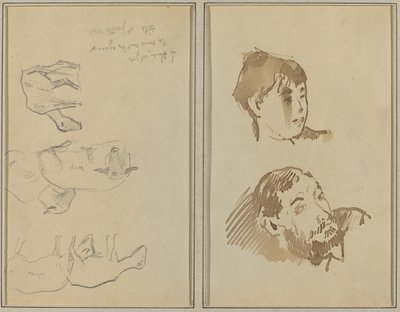 Vijf schapen; hoofd van een vrouw en hoofd van een bebaarde man (recto) door Paul Gauguin
