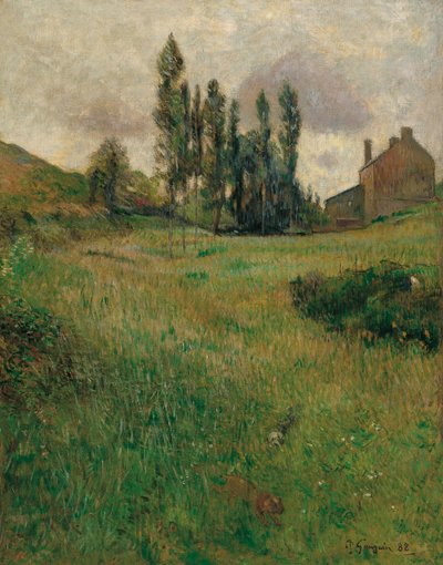 Frans:  Course de chiens dans la prairie Honden die in een weide lopen door Paul Gauguin