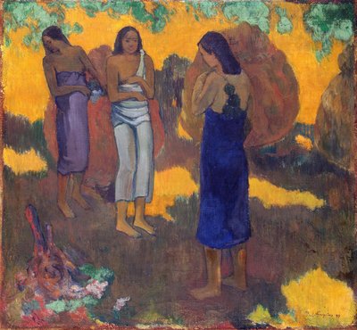 Frans:  Trois Tahitiennes sur fond jaune Drie Tahitiaanse vrouwen tegen een gele achtergrond door Paul Gauguin