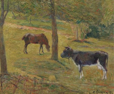 Frans: Vache et cheval dans un pré Koe en paard in een wei door Paul Gauguin
