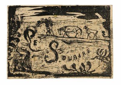 Man die bananen draagt gevolgd door twee paarden, kopstuk voor Le sourire door Paul Gauguin