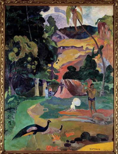 Matamoe of Landschap met pauwen. Uitzicht op een landschap in Tahiti door Paul Gauguin