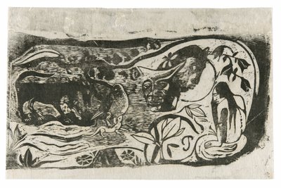 Plaat met het hoofd van een gehoornde duivel, uit de Suite van late houtsneden door Paul Gauguin