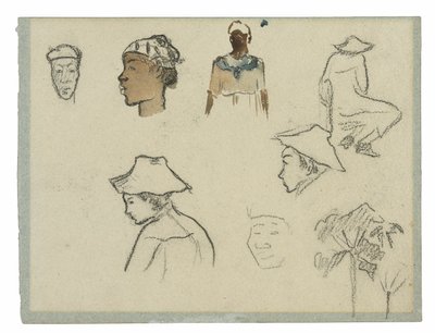 Schetsen van figuren en gebladerte (recto); Profiel van Charles Laval met palmboom en andere schetsen (verso) door Paul Gauguin