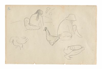 Schetsen van zittende figuren en kippen (recto), Naakte vrouwelijke torso (gerelateerd aan het schilderij Te a no areois [Het zaad van de Areoi]) (verso), uit het Carnet de Tahiti (Tahitiaans schetsboek) door Paul Gauguin