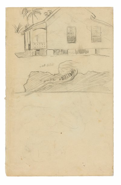Schetsen van Tahitiaanse residentie met kleurnotities en honden door Paul Gauguin
