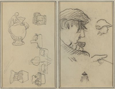 Studies van kruiken en vazen; Een man met snor en een jongen met een hoed [recto] door Paul Gauguin