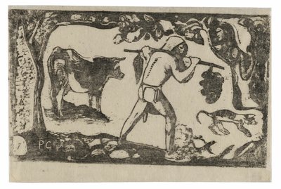 Tahitiaan die bananen draagt, uit de suite van late houtsneden door Paul Gauguin