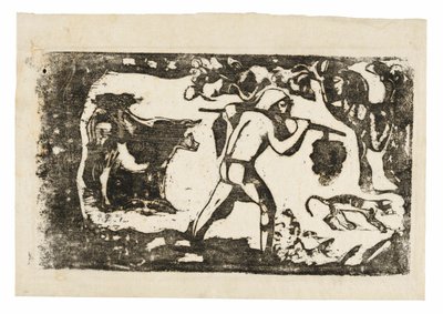Tahitian draagt bananen, uit de suite van late houtblokdrukken door Paul Gauguin