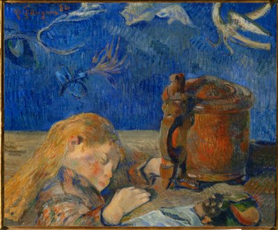 Het slapende kind (olieverf op doek) door Paul Gauguin