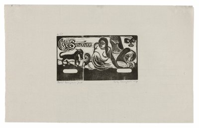 Drie mensen, een masker, een vos en een vogel, kopstuk voor Le sourire door Paul Gauguin
