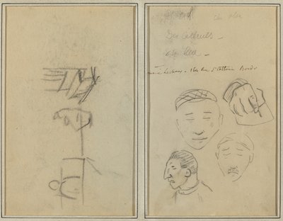 Twee Figuren en een Bank; Drie Studies van Mannenhoofden en Een van een Hand door Paul Gauguin