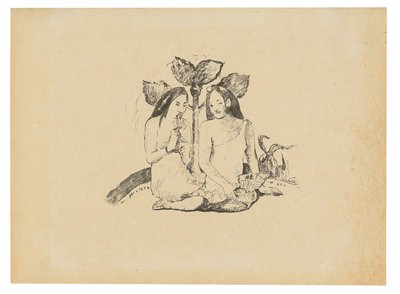 Twee Maori-vrouwen gehurkt door Paul Gauguin