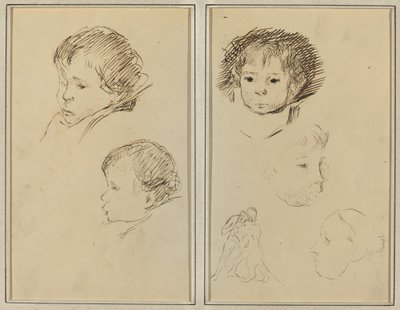 Twee Studies van een Kinderhoofd; Twee Studies van een Kinderhoofd, een Vrouw in Profiel, en een Man die een Dier Worstelt door Paul Gauguin