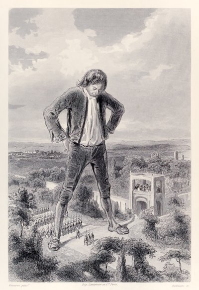 Het Lilliputische leger marcheert tussen de benen van Gulliver, uit de Franse editie van Gullivers Reizen door Jonathan Swift door Paul Gavarni