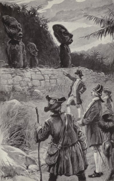 Beelden op Paaseiland onderzoeken (litho) door Paul Hardy