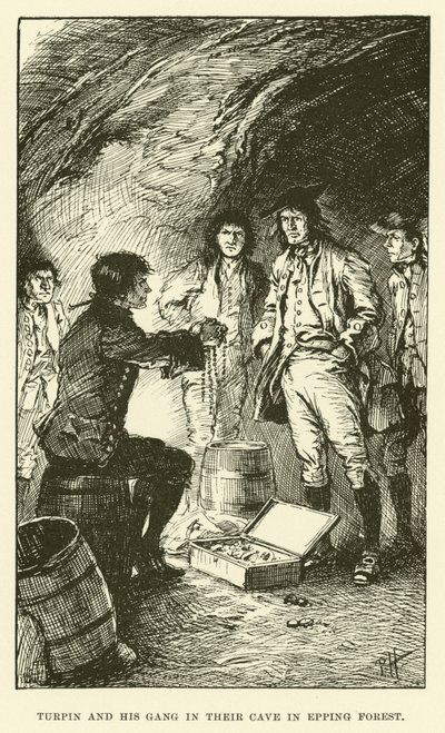 Turpin en zijn bende in hun grot in Epping Forest (gravure) door Paul Hardy