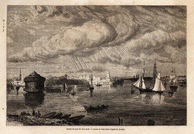 De ingang van de haven van New York. Gravure in Le tour du monde 1861. Selva