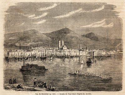 Zicht op Montreal, tekening door Paul Huet (1803-1869), ter illustratie van de reizen naar Noord-Amerika in 1854-1855, door L. Deville. Gravure in 