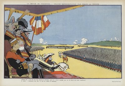 Bezoek van koning Alfonso XIII van Spanje aan Parijs: militaire parade in Vincennes. Illustratie voor Le Rire door Paul Iribe
