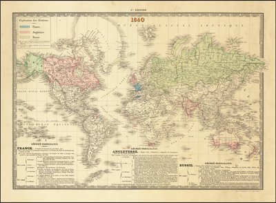 Franse wereldkaart uit 1840 met daarop de gebieden van het Britse, Franse en Russische Rijk door Paul Kaeppelin
