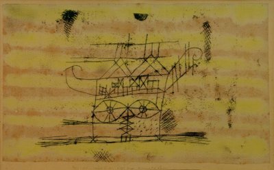 Steiger voor het hoofd van een monumentaal beeldhouwwerk door Paul Klee