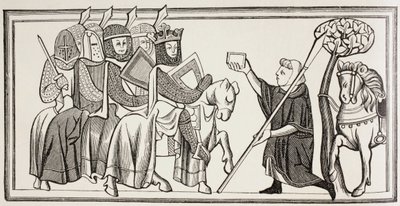 Een boodschapper arriveert met een boodschap voor een koning die aan het hoofd van zijn leger staat. Naar een illustratie in een 13e eeuwse Ms. door Paul Lacroix