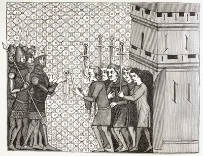 Na de inname van een stad in de 14e eeuw geeft het garnizoen zich over en geeft zich over aan de genade van hun ontvoerders. Naar een miniatuur uit de 14e eeuw in Histoire Du Monde. door Paul Lacroix