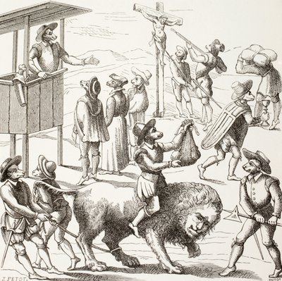 Allegorische afbeelding van excessen die begaan zouden zijn door de hugenoten. De tamme leeuw vertegenwoordigt een Frankrijk dat is gereduceerd door de ketters en hun praktijken. door Paul Lacroix