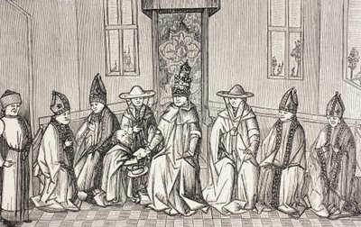 Petrus de Kluizenaar overhandigt de boodschap van Simeon, patriarch van Jeruzalem aan paus Urbanus Ii. door Paul Lacroix