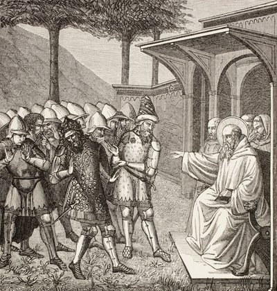 Sint Benedictus van Nursia verwijt Baduila Aka Totila, koning van de Ostrogoten, dat hij hem heeft bedrogen en voorspelt zijn dood. door Paul Lacroix