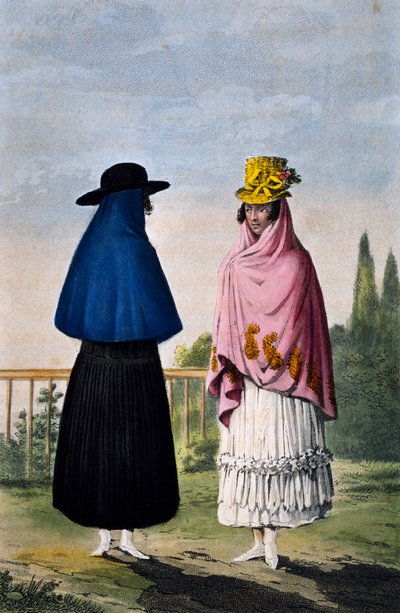 Bergvrouw en vlaktevrouw, gravure door Paul Legrand, Colombia door Paul Legrand
