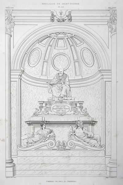 Grafmonument van paus Paulus III (Farnese), gravure uit Het Vaticaan en de Sint-Pietersbasiliek door Paul Marie Letarouilly