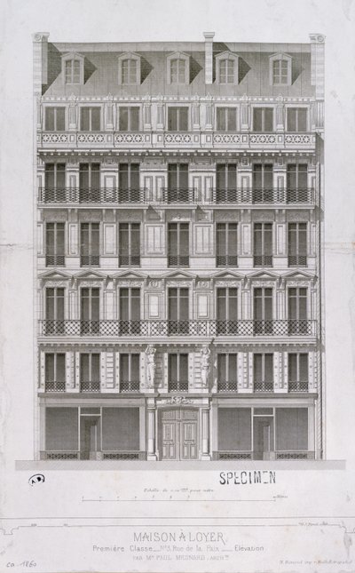 Ontwerp voor een flatgebouw in Haussmann-stijl in de rue de la Paix, Parijs, ca. 1860 door Paul Mesnard