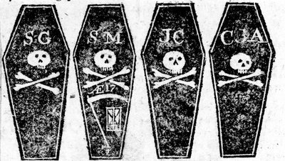 Tekening van de vier doodskisten van het Bloedbad van Boston, gedrukt in de Boston Gazette, 12 maart 1770 door Paul Revere