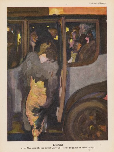 Vrouw stapt in een auto voor de rit naar huis na een avondje uit (kleur litho) door Paul Rieth