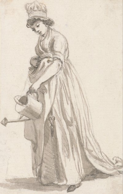 Een Meisje met een Gieter naar Links- Sarah Hough, Kindermeisje van Mevrouw T.P. Sandby door Paul Sandby