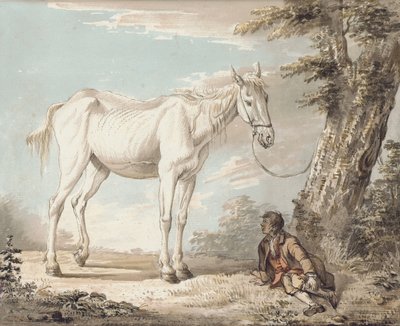 Een oude grijze paard vastgebonden aan een boom, een jongen rust in de buurt door Paul Sandby