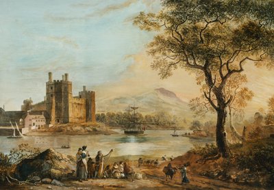 Caernarvon Kasteel, met een Harpspeler op de Voorgrond door Paul Sandby