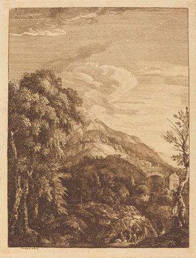 Bergachtig landschap met een waterval, ronde toren, kasteel en bandieten door Paul Sandby